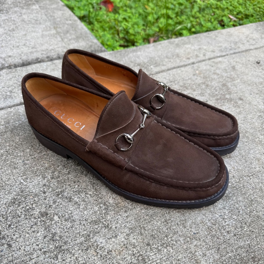 Gucci Horsebit Loafers Mens 12 Brown Suede Lug Sole 016343 Designer Italian